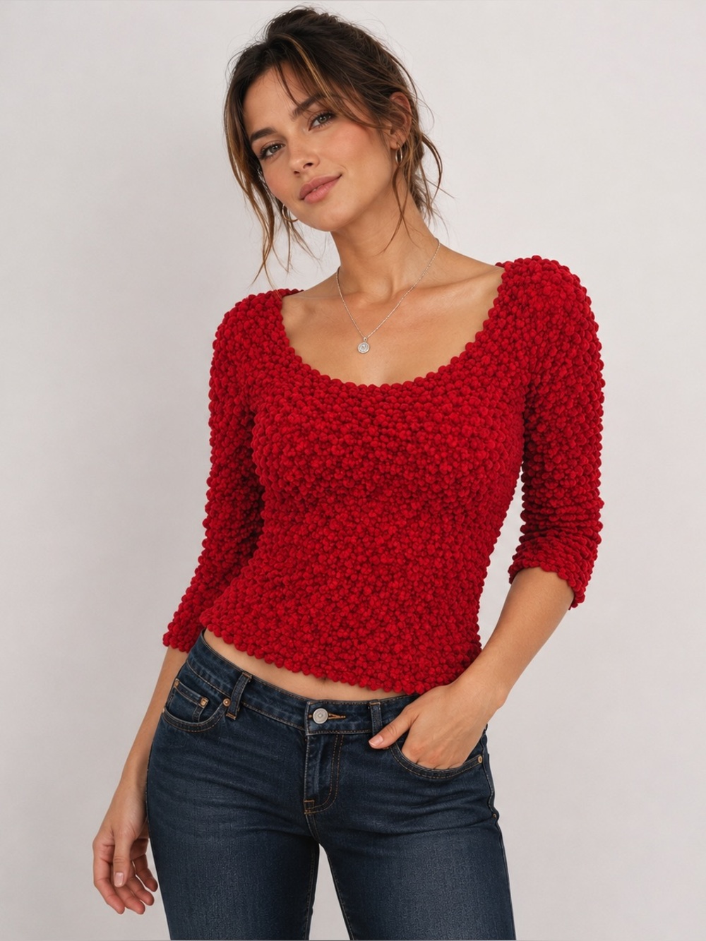 Vintage Y2K Red Popcorn Stretch Top Bubble Knit One Size S M L